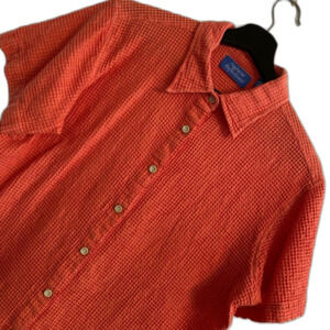 Vintage XL Orange Casual Button Textured 100% Cotton Shirt Boho Retro b2-19